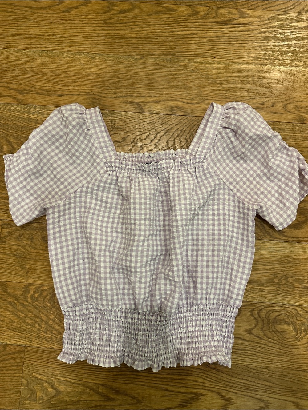 art class Lilac Gingham Smocked Waist Puff Sleeve Top